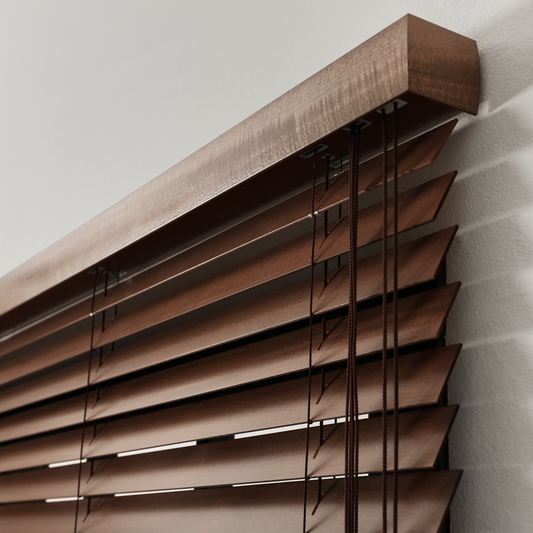 Wooden blind with wide timber slats and tape detail